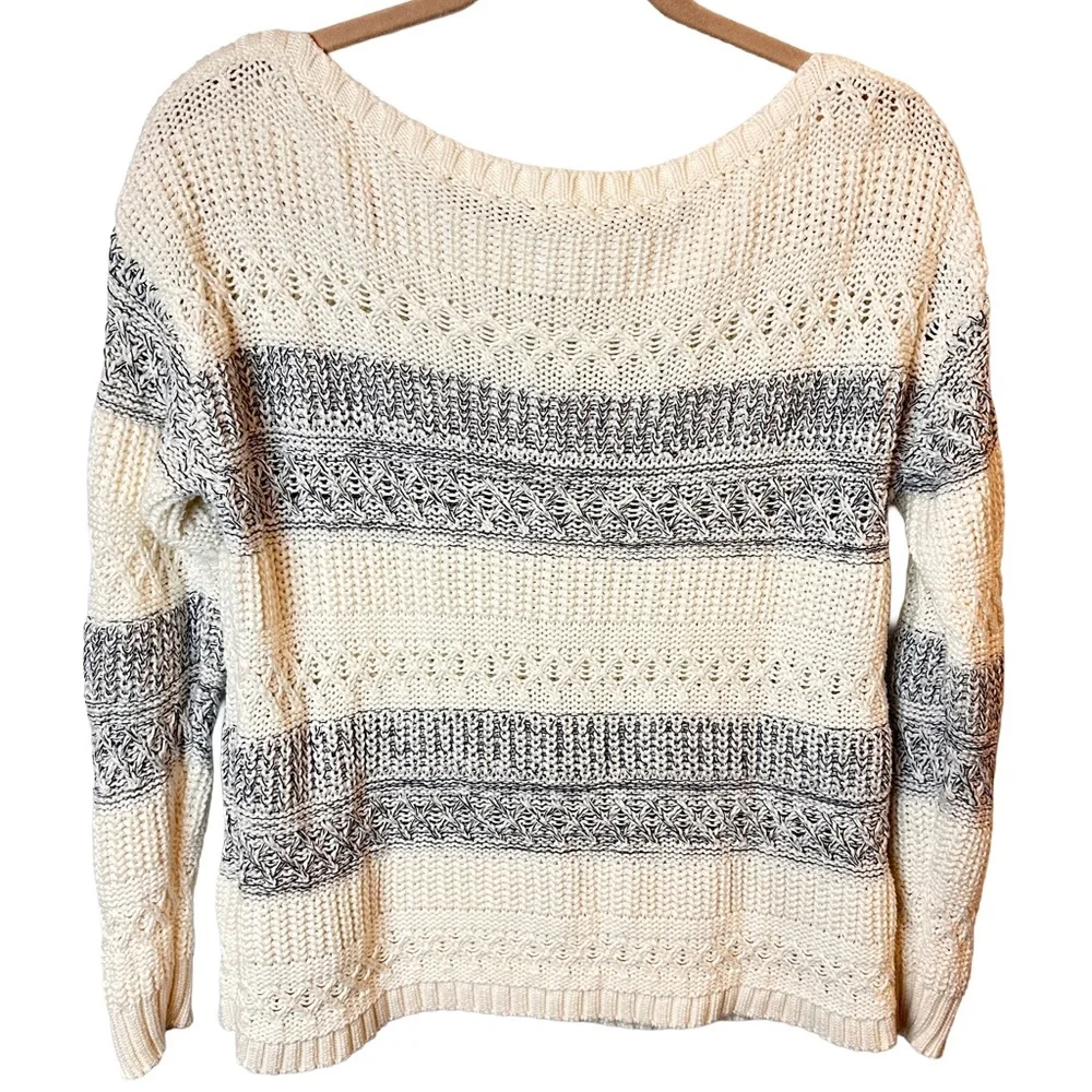 Garnet Hill Organic Cotton Cream and Gray Striped Long Sleeve Boatneck Sweater L